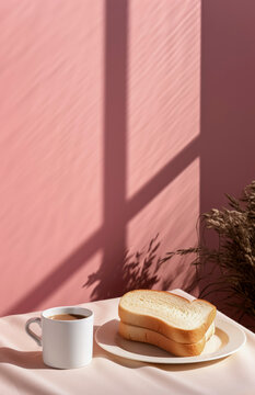 Generative AI illustration of minimalist composition with a cup of coffee and slices of bread on a plate cast in the soft light and shadow of window
