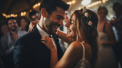 A joyful couple dancing at their wedding reception - obrazy, fototapety, plakaty