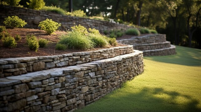 Show the intricate textures of a stacked stone retaining wall in a rural landscape.