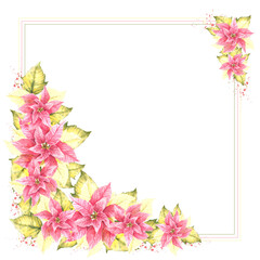 Watercolor painted square frame of pink yellow Poinsettia, Pulcherrima flowers and leaves. Traditional plant for Christmas or New Year card, winter holiday celebrate print. Isolated white background