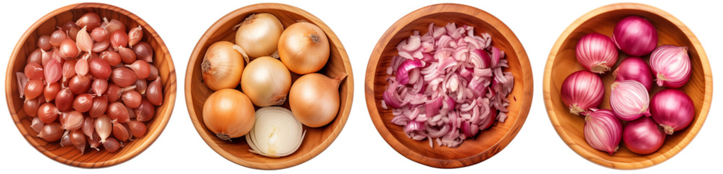 Onions in a wooden bowl collection, different shapes and sizes, top view, isolated on a transparent background, vegetable bundle