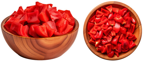 red bell pepper pieces in a wooden bowl isolated on a transparent background, vegetable collection