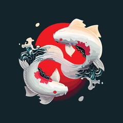 White Koi Fish With Red Spots Of The Kohaku Type. Japanese Design Vector Illustration. Animal Nature Icon Concept Isolated Japanese Style Water Waves And Lotus Flower Premium Vector