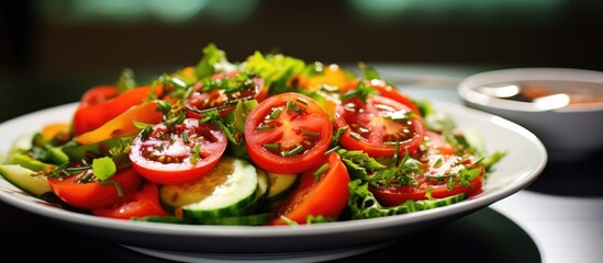 The green menu options at this restaurant include a delicious red tomato salad, packed with healthy, organic vegetables, making it the perfect addition to a nutritious dinner or any meal focused on