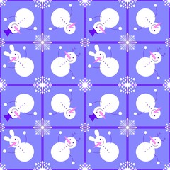 Cartoon winter ice seamless snowman and snowflakes pattern for Christmas packaging and new year