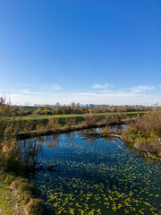 Aerial image of Sava river tributaries on the eastern side of Zagreb city, Croatia during autumn season