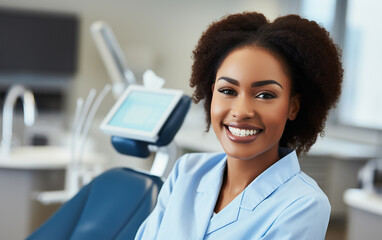 Nice black-skinned female doctor posing at newest dental clinic, copy space