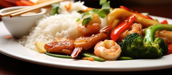 background of a white restaurant, a plate filled with healthy Chinese dinner is adorned with vibrant vegetables, tender chicken, and flavorful seafood, all atop a bed of steaming rice.