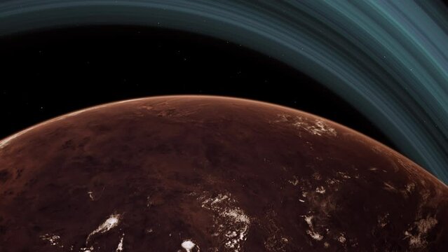 Red rocky desert Mars like planet with orbiting rings. Thin atmosphere and clouds. 3D animation concept of alien terran world. Barren and dry conditions. Drought ecosystem in extreme hot climate.