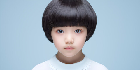 Asian child boy, bowl-cut black hair, pale blue studio - Powered by Adobe
