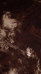 Red rocky desert Mars like planet surface. Thin atmosphere and clouds. 3D illustration concept of alien terran world. Barren and dry conditions. Drought ecosystem in extreme hot climate.