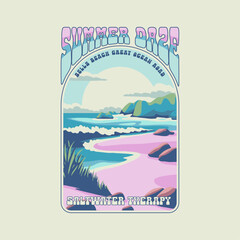 HAND DRAWN VINTAGE SURF SUN SAND BEACH SHORE BLUFFS LANDSCAPE AUSTRALIAN OCEAN VACATION DESTINATION TYPOGRAPHY PRETTY RETRO TSHIRT TEE PRINT FOR APPAREL MERCHANDISE