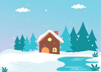 Naklejka premium winter landscape with house in the forest