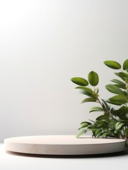 Product display podium with nature leaves on white background, empty podium, copy space, generative ai