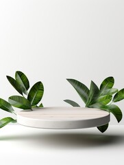 Product display podium with nature leaves on white background, empty podium, copy space, generative ai