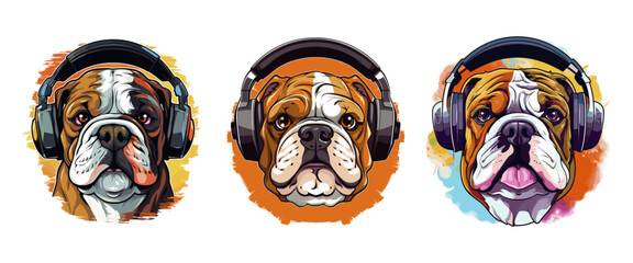 Set collection Bulldog with Headphone Vector Illustration. Cute English Bulldog Logo, T-shirt Apparel Design