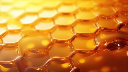 Close up of honey in a honeycomb background. Healthy food concept
