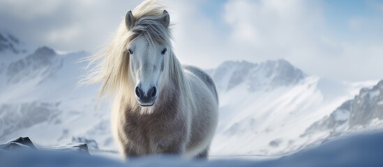 In the wild beauty of Iceland, amidst the winters snowy embrace, a majestic Icelandic horse roams freely, embodying the essence of natures untamed wildlife. - obrazy, fototapety, plakaty