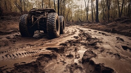 Fototapeta na wymiar Rough and rugged tire treads on a muddy road