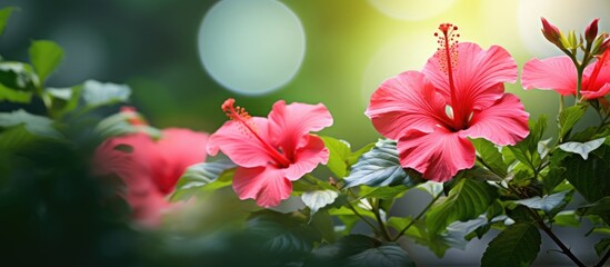 In the lush green garden, amidst the lively summer background, vibrant and colorful hibiscus flowers blossom naturally, creating a beautiful and tropical floral display.