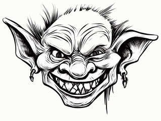 A Black And White Drawing Of A Smiling Troll - print of a mischievous goblin fantasy character