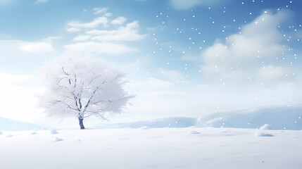 Fototapeta na wymiar lonely tree in ice cold frozen snow mountain dune landscape background. abstract white blue snow scene illustration. arctic winter season snowfall concept. - generative ai