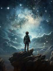 Obraz premium Illustration of a little boy standing on top of a mountain and looking up at the starry sky.