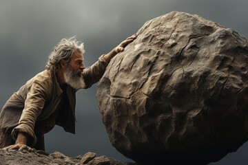 Sisyphus is pushing a rock up a mountain. The enduring symbolism of sisyphus pushing a rock up a mountain: a representation of eternal effort, mythological punishment, and philosophical reflection.