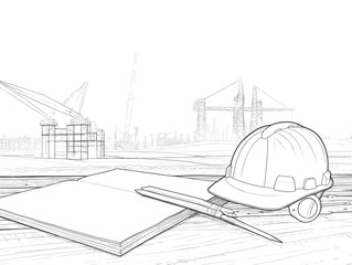 A Drawing Of A Hard Hat And Scissors On A Table - Safety helmet on engineer working table