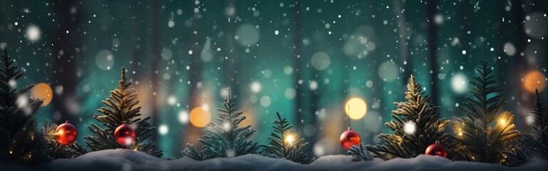 winter scenery with snowy Christmas trees and baubles on blurry background. Season greetings concept. Generative AI - obrazy, fototapety, plakaty