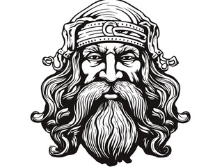 A Black And White Drawing Of A Man With A Beard And A Headdress - Symbol St.Patric festival illustration.