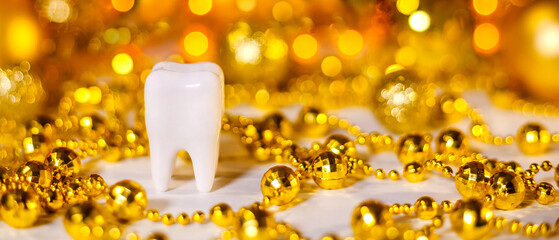 White tooth on Christmas background. Oral health and dental inspection teeth. Dentistry. Stomatology. Christmas concept. New year. Banner. Christmas decorations. - obrazy, fototapety, plakaty