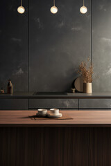 Close-up of a minimalist abstract kitchen with glass, wood and marble, eve with natural light. Inspired by Japanese influences. - obrazy, fototapety, plakaty