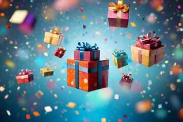 Colorful wrapped Christmas gift boxes flying with confetti on pastel blue background. Season greetings concept. Generative AI