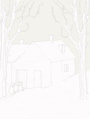 A Drawing Of A House And Cats - two little humas in front of a little house