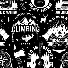 Outdoor adventure seamless pattern, background. Vector illustration. Vintage typography design with compass, guitar, camping caravan car, tent, mountain, axe and forest silhouette.