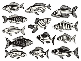 A Group Of Black And White Fish - Types freshwater fish Silhouettes.