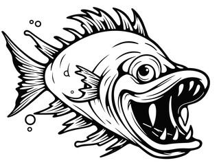A Black And White Drawing Of A Fish - Vector illustration of angry fish cartoon.