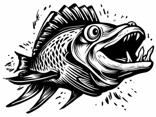 A Black And White Illustration Of A Fish - Vector illustration of angry fish cartoon.