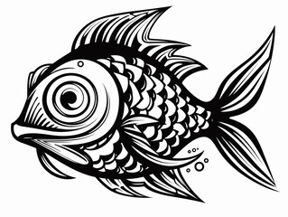 A Black And White Drawing Of A Fish - Vector illustration of angry fish cartoon.