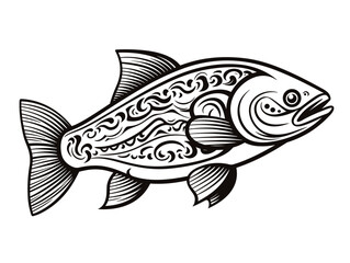 A Black And White Drawing Of A Fish - Vector symbol of trout fish.