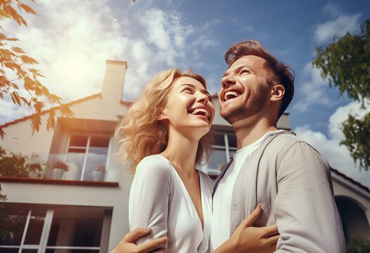 Happy young couple standing in front of new home