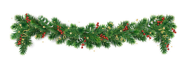 Christmas tree garland isolated on transparent background. Realistic pine tree branches with holly berry decoration. Vector border for holiday banners, party posters, cards, headers. - obrazy, fototapety, plakaty