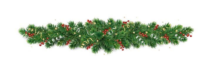 Foto op Plexiglas Christmas tree garland isolated on transparent background. Realistic pine tree branches with holly berry decoration. Vector border for holiday banners, party posters, cards, headers. © Olga Prozorova