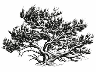 A Black And White Drawing Of A Tree - woodcut of a Juniper bush.