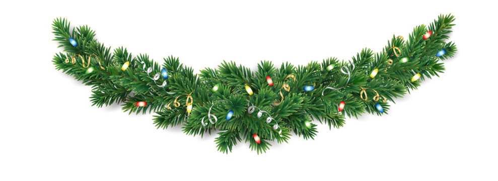 Christmas tree garland isolated on trasparent background. Realistic pine tree branches with colourful Christmas lights decoration. Vector border for holiday banners, posters, cards.