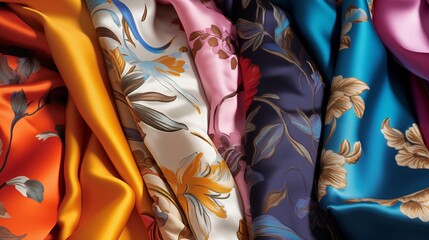 A collection of vibrant and patterned silk fabrics - obrazy, fototapety, plakaty
