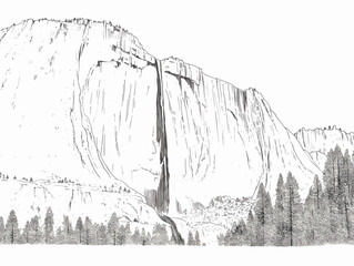 A Black And White Drawing Of A Mountain With Trees - Yosemite Falls in Yosemite National Park