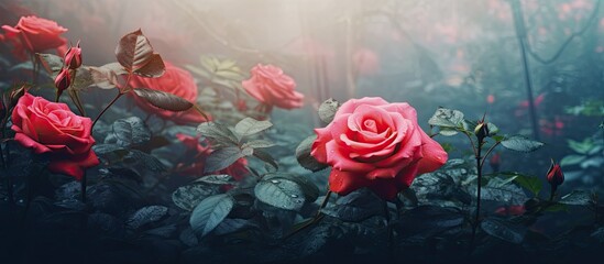 In the enchanting garden, amidst a plethora of flora, a vibrant red rose blossoms, exuding a natural beauty that captivates all with its fresh and captivating pink hues, symbolizing love and the
