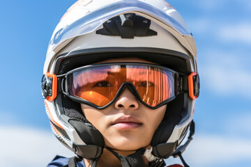 A woman with a motorcycle helmet on a ride.